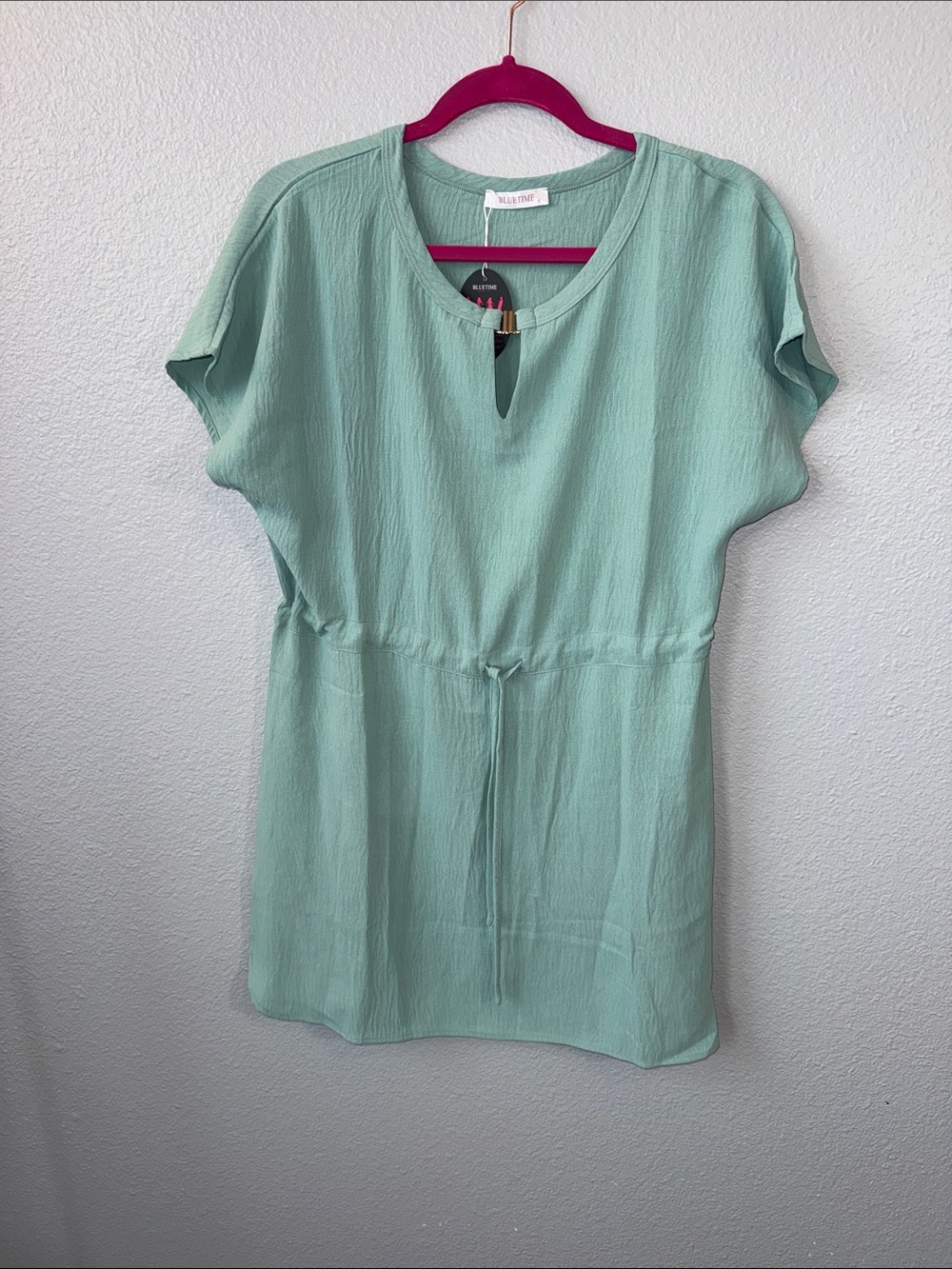 Blue time  Seafoam Short Sleeve Drawstring Dress